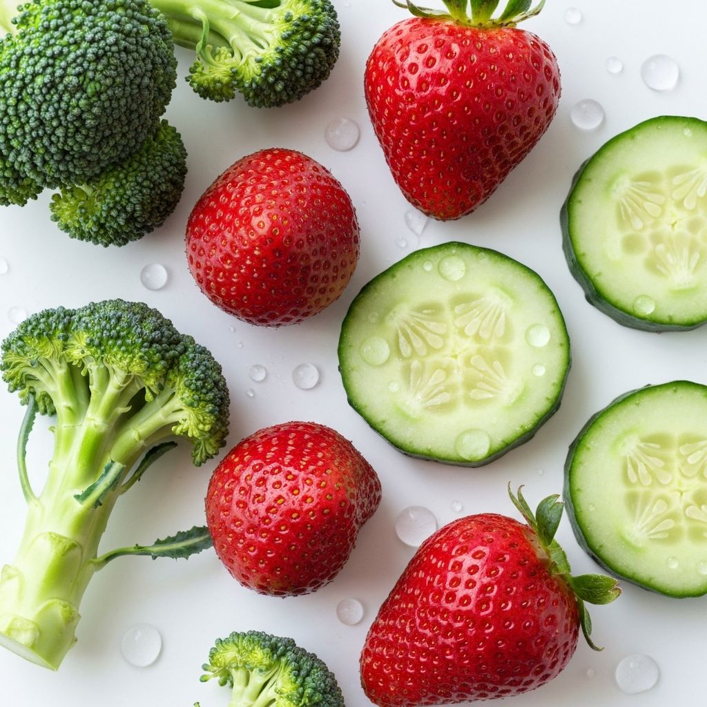 Fresh broccoli, cucumber slices, strawberries and water droplets showing water and fiber content in foods