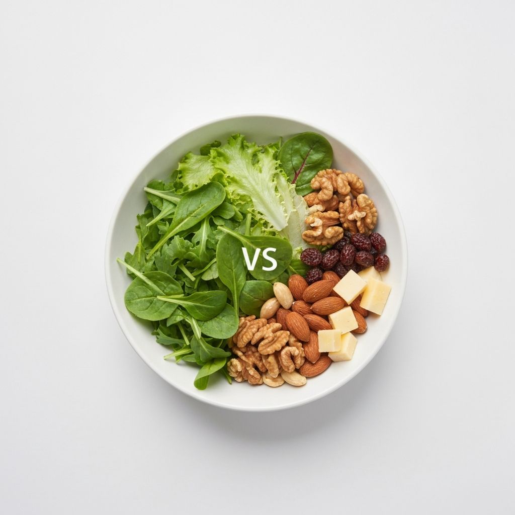 Two bowls: one with large volume of leafy greens salad, one with small portion of nuts and high-calorie foods